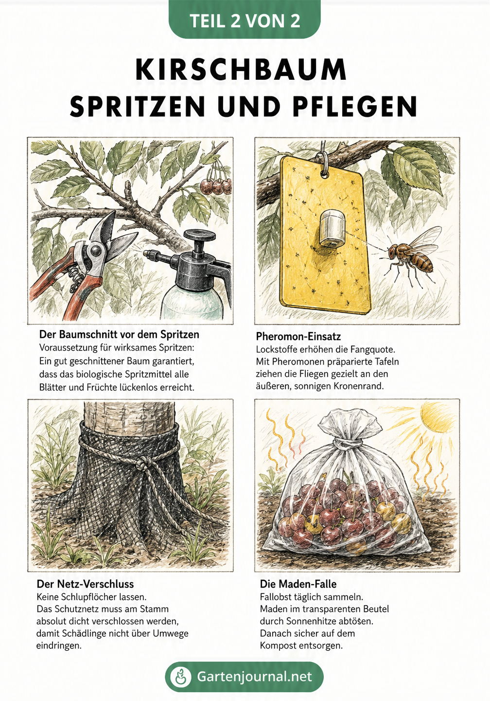 Vier Skizzen zur Pflege und Schädlingsbekämpfung am Kirschbaum: Baumschnitt, Pheromon-Gelbtafeln, Netz-Verschluss und Maden-Falle für Fallobst.