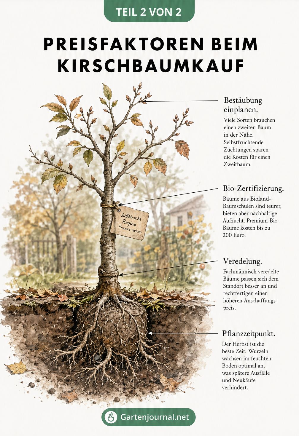 Querschnitt eines frisch gepflanzten Kirschbaums mit Wurzeln und Hinweisen zu Preisfaktoren
