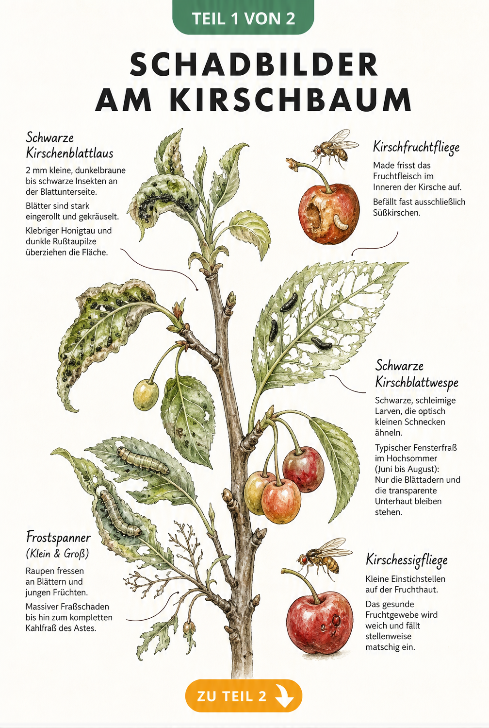Illustration eines Kirschzweigs mit Schadbildern von Kirschblattlaus, Kirschblattwespe, Frostspanner, Kirschfruchtfliege und Kirschessigfliege