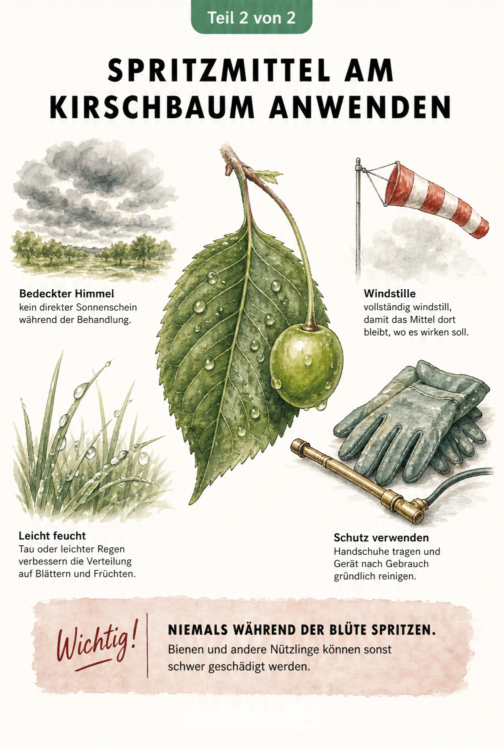 Illustration eines Kirschblattes mit Wassertropfen und Vignetten zu idealen Wetterbedingungen für das Spritzen am Kirschbaum.
