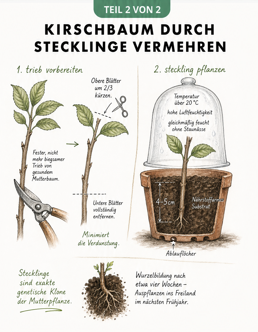Skizze zur Vermehrung eines Kirschbaums durch Stecklinge, zeigt das Schneiden des Triebs, das Entfernen der Blätter und die Pflanzung im Topf mit Dunstglocke.