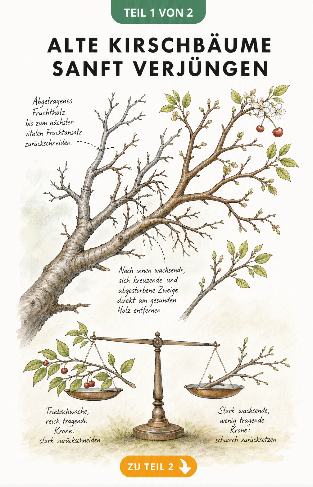 Illustration eines Kirschbaumastes im Querschnitt, die den sanften Rückschnitt von abgetragenem Fruchtholz und das Entfernen von nach innen wachsenden Zweigen...