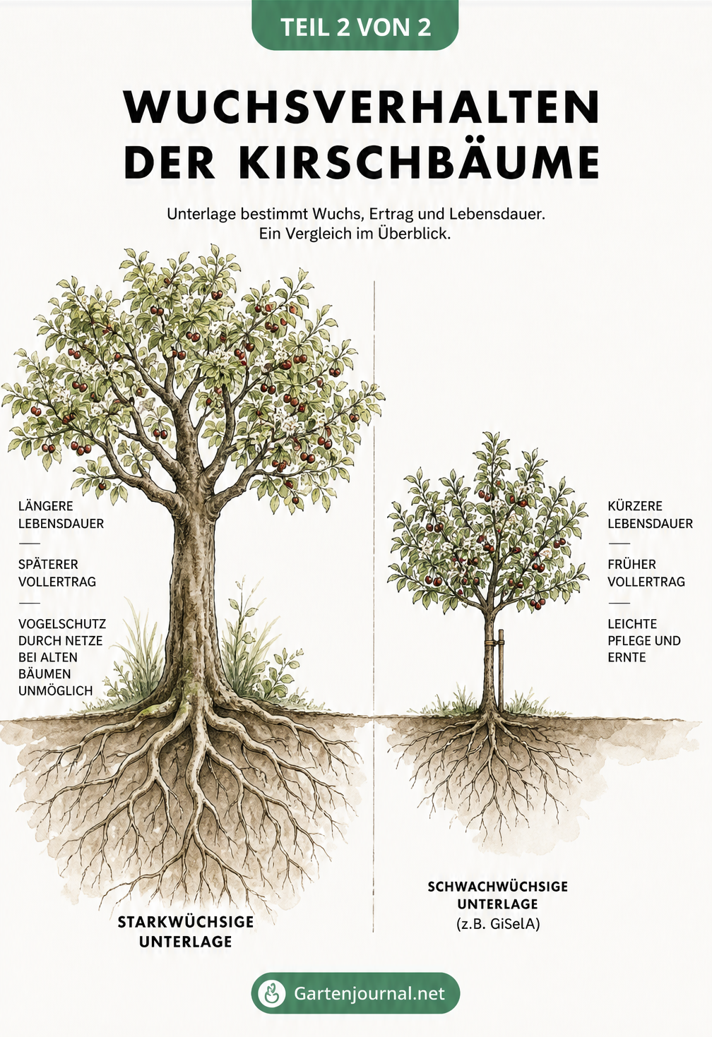 Vergleich des Wuchsverhaltens von Kirschbäumen: starkwüchsige vs. schwachwüchsige Unterlage