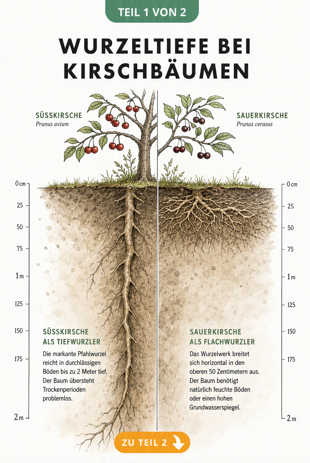 Botanische Illustration eines Erdschnitts, der die tiefe Pfahlwurzel einer Süßkirsche und das flache Wurzelgeflecht einer Sauerkirsche im Vergleich zeigt.