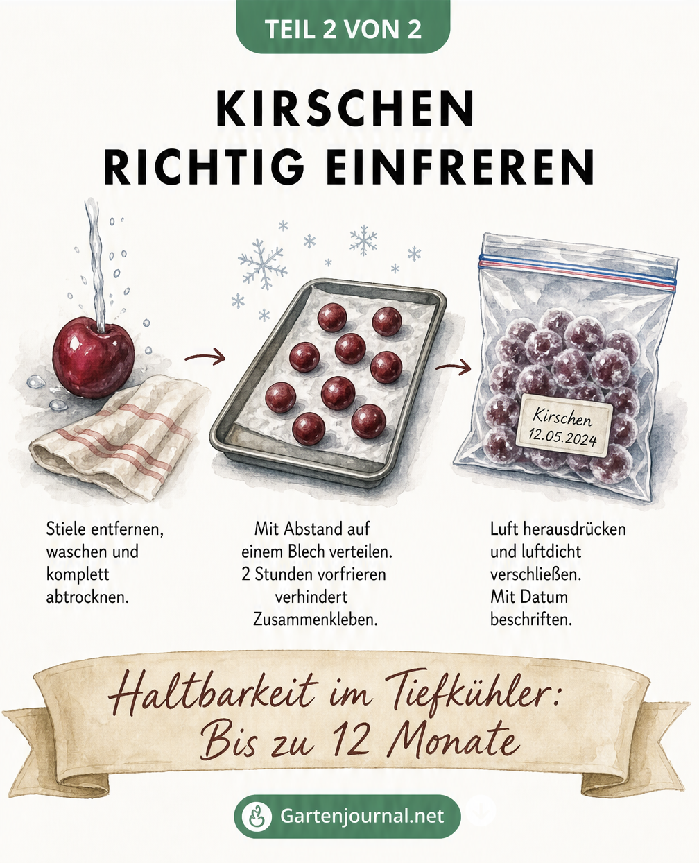 Illustration zum Einfrieren von Kirschen: Waschen, auf einem Backblech vorfrieren und luftdicht in einem Gefrierbeutel verpacken.