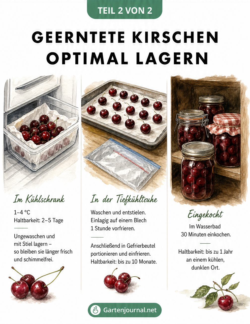 Aquarell-Illustration einer Küche, die drei Methoden zur Lagerung von Kirschen zeigt: Kühlschrank, Einfrieren und Einkochen.