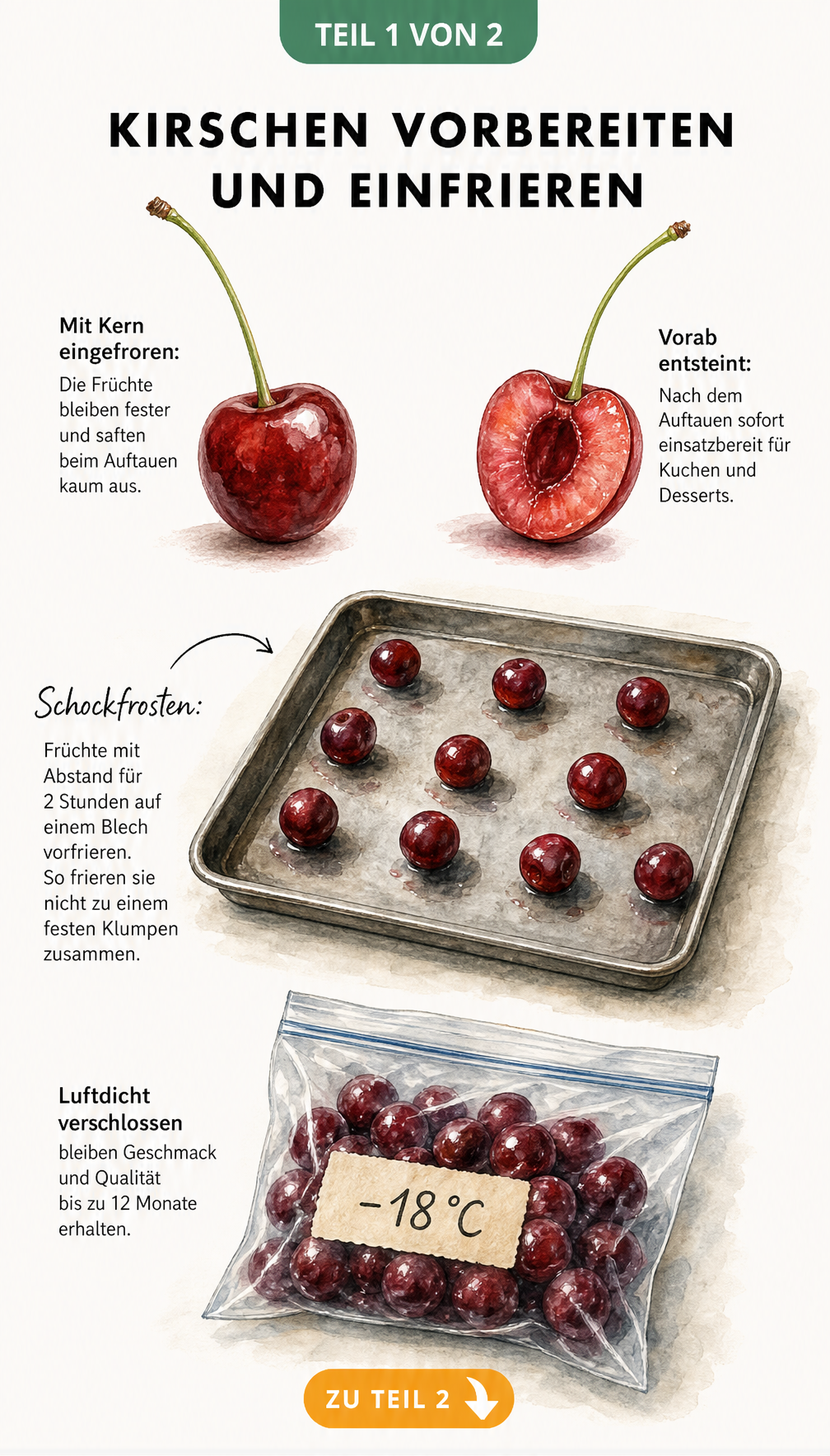 Illustration von Kirschen mit und ohne Kern, auf einem Backblech zum Schockfrosten und in einem Gefrierbeutel