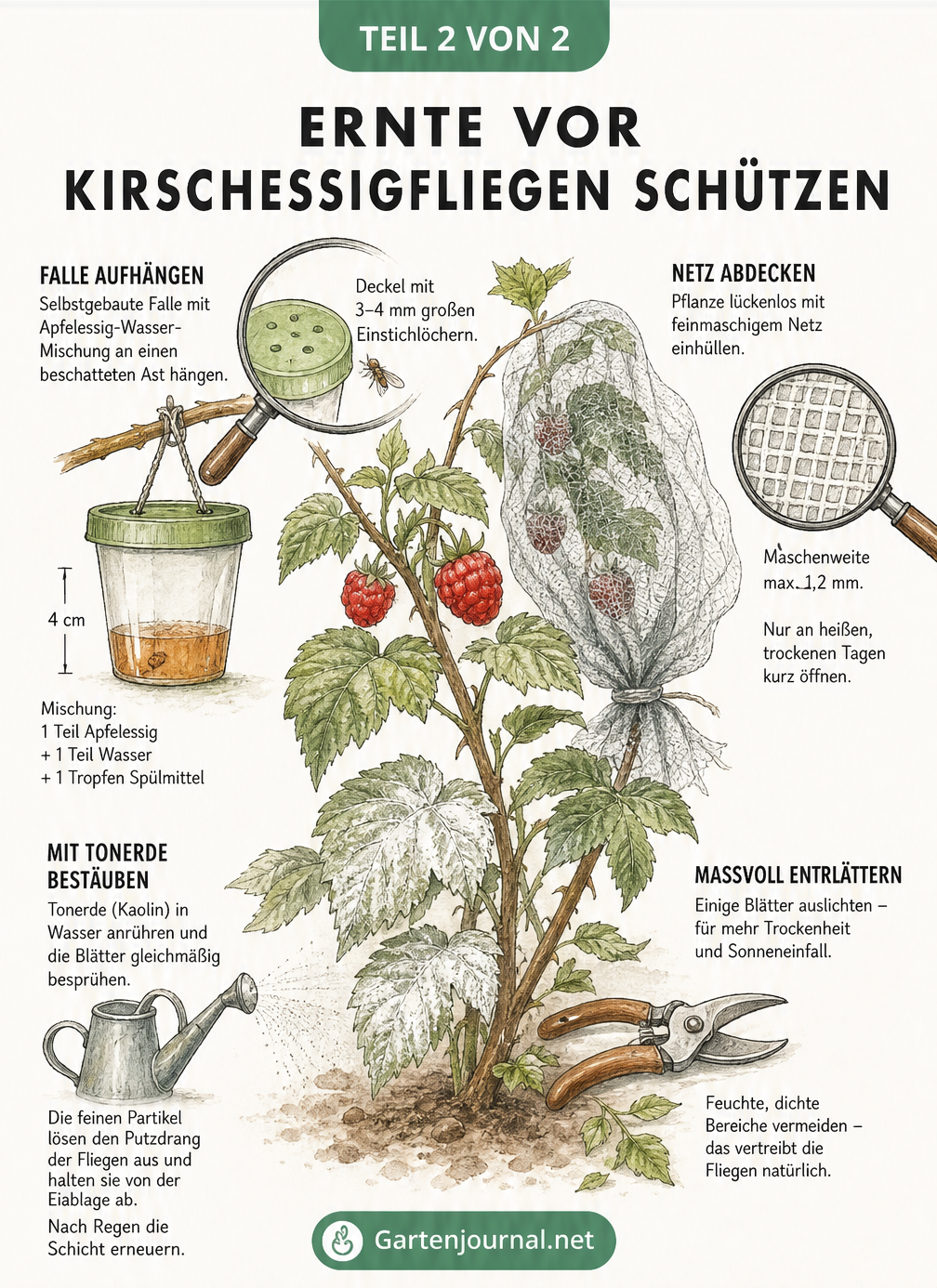 Skizze eines Himbeerstrauchs mit biologischen Abwehrmaßnahmen gegen Kirschessigfliegen wie Essigfalle, Schutznetz und Kaolin
