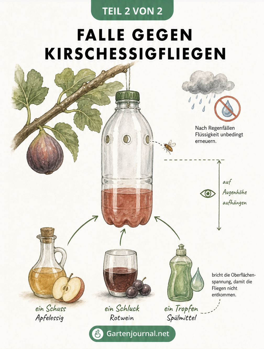 Bauanleitung für eine Falle gegen Kirschessigfliegen aus einer PET-Flasche mit Apfelessig, Rotwein und Spülmittel