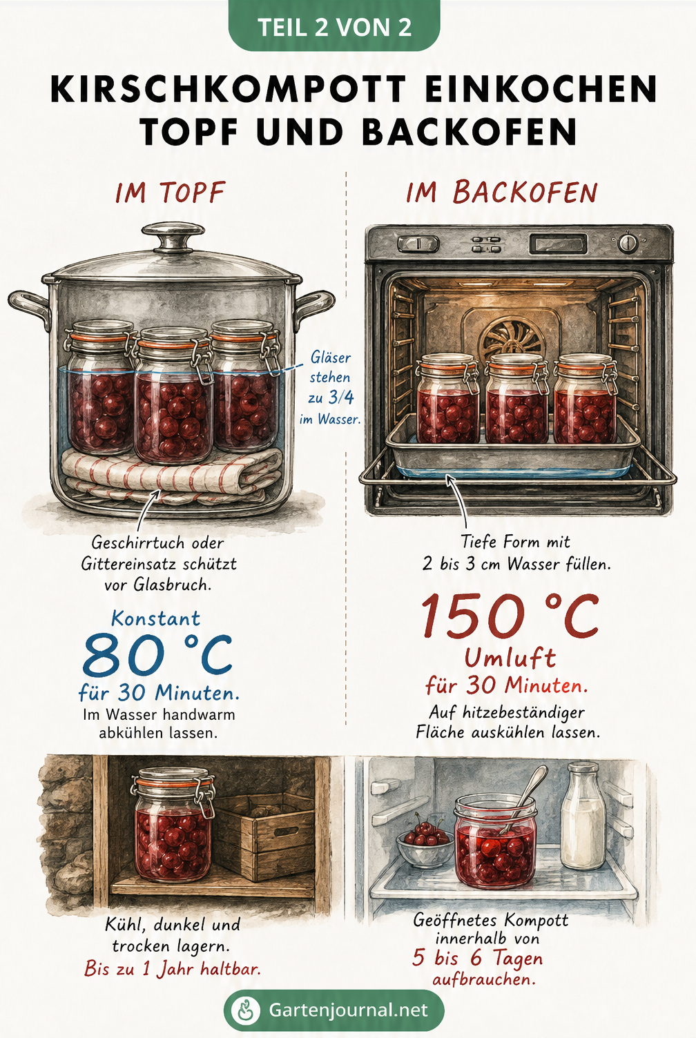 Illustration von Einmachgläsern im Kochtopf und Backofen zum Einkochen von Kirschkompott