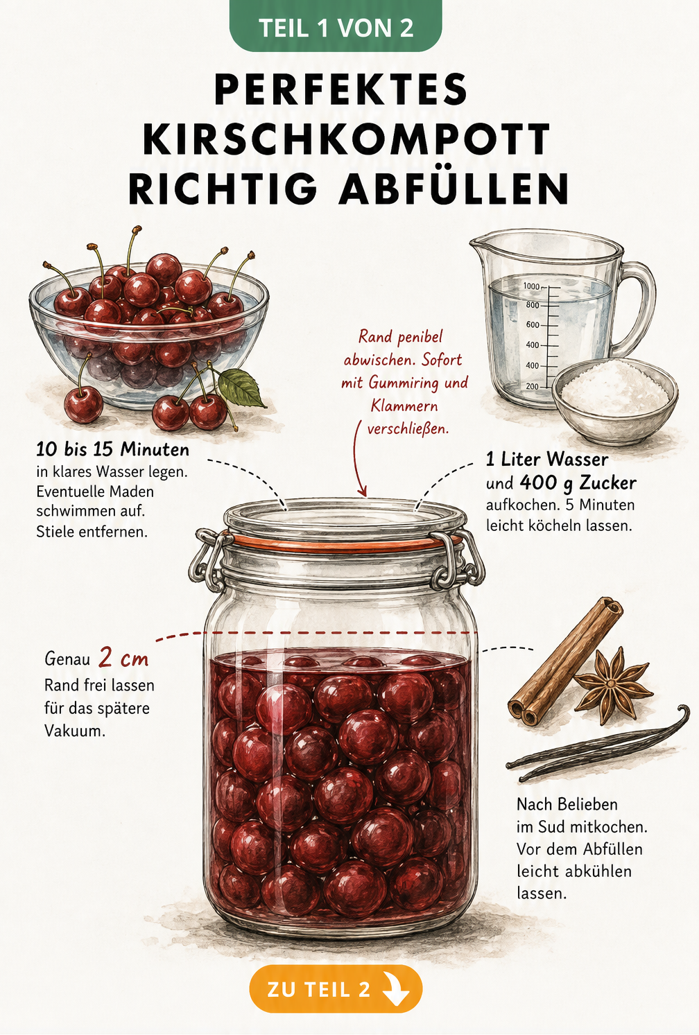 Illustration eines Einmachglases mit Kirschen, Sud und Gewürzen im Querschnitt