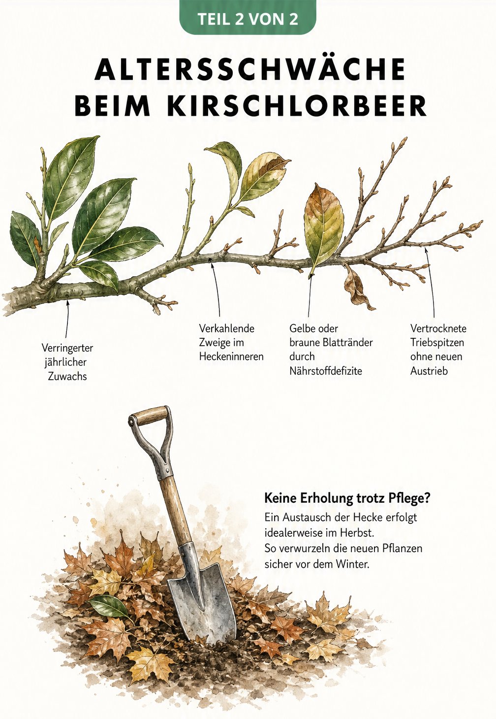 Nahaufnahme eines Kirschlorbeer-Astes, der den Übergang von gesundem Grün zu gelben Blättern, verkahlenden Zweigen und vertrockneten Triebspitzen zeigt.