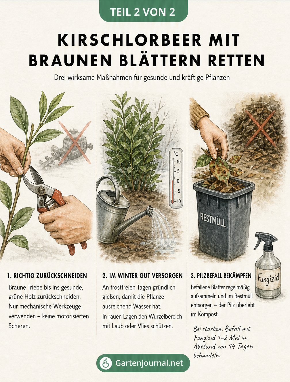 Illustration zur Pflege von Kirschlorbeer: Rückschnitt mit Handschere, Gießen im Winter und Entsorgung kranker Blätter