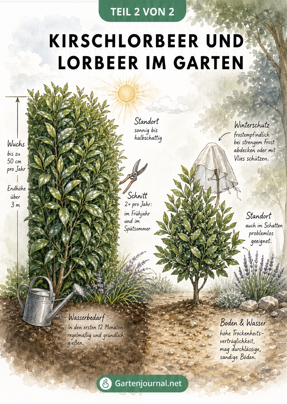 Gartenszene mit Kirschlorbeer-Hecke und echtem Lorbeer als Solitärstrauch im Vergleich
