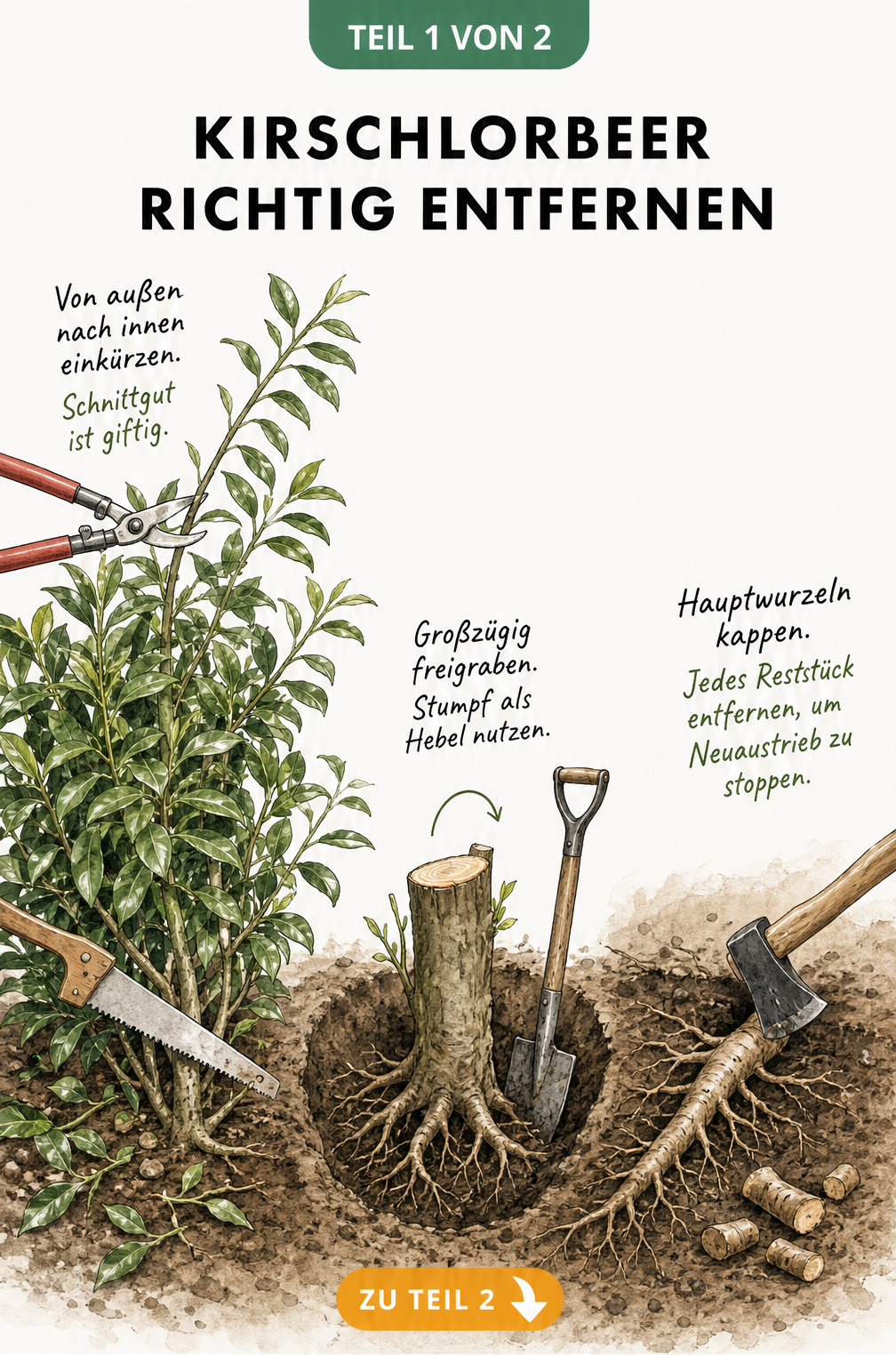 Illustration der drei Phasen beim Entfernen eines Kirschlorbeers: Äste einkürzen, Stumpf freigraben und Hauptwurzeln kappen.