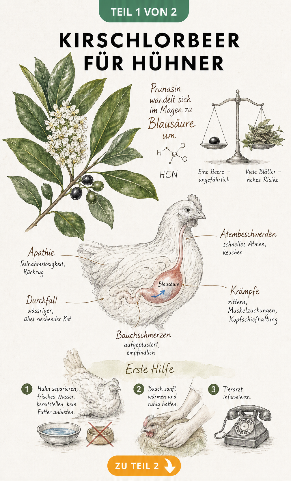 Botanische Illustration eines Kirschlorbeerzweigs mit Darstellung der Blausäure-Vergiftung bei einem Huhn und Erste-Hilfe-Maßnahmen