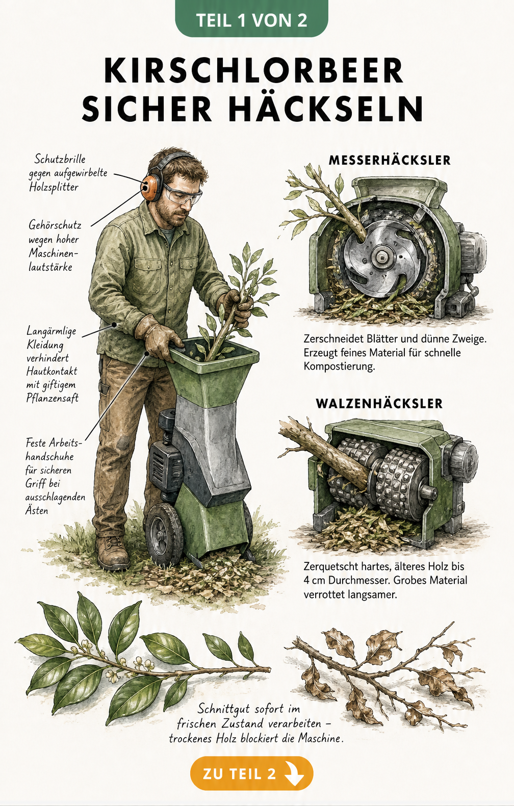 Illustration einer Person am Häcksler mit Schutzkleidung und Schnittzeichnungen von Messer- und Walzenhäcksler