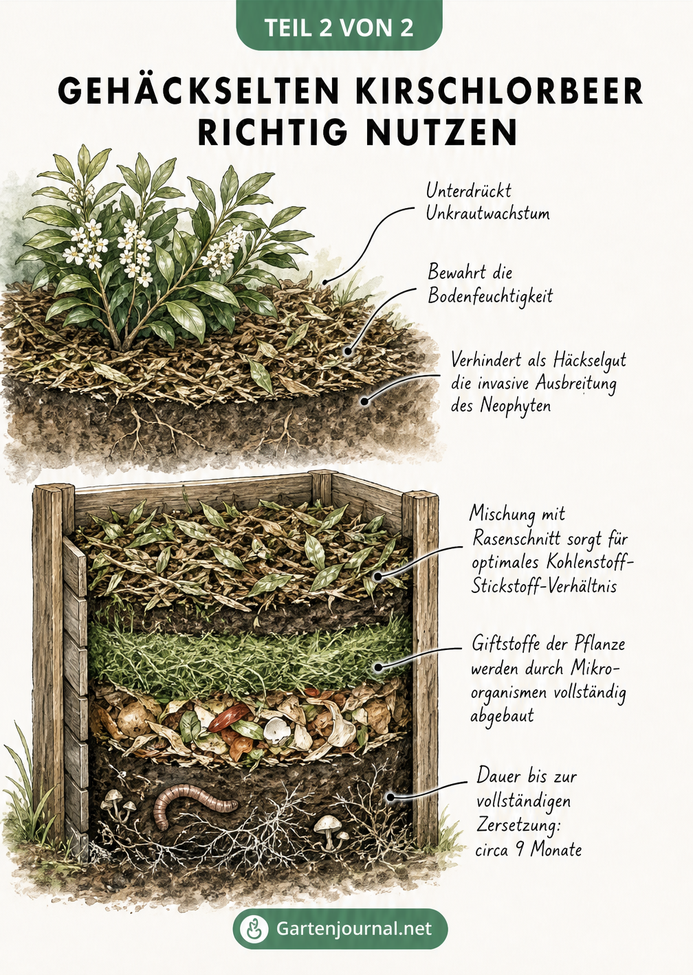 Querschnitt-Illustration eines Gartenbeets mit Kirschlorbeer-Mulch und eines Holzkomposters mit Häckselgut