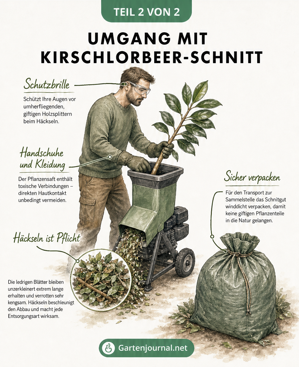 Illustration einer Person beim Häckseln von Kirschlorbeer-Ästen mit Schutzkleidung und Transportsack