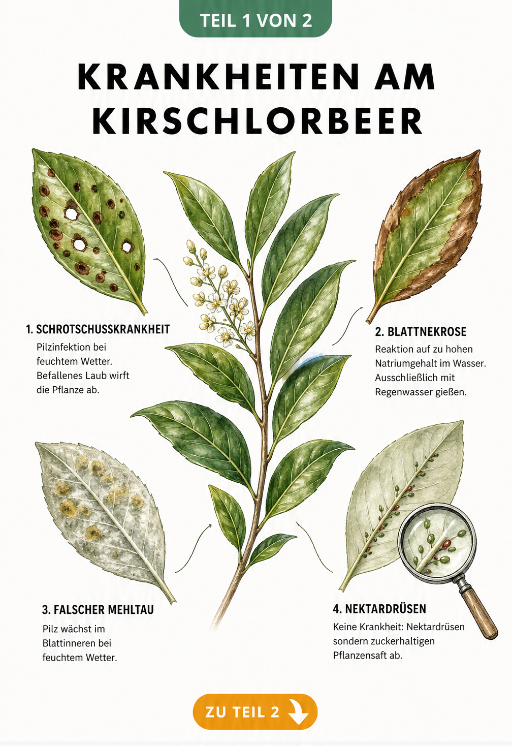 Illustration von Kirschlorbeer-Blättern mit Schadbildern wie Schrotschusskrankheit, Blattnekrose und Falschem Mehltau sowie harmlosen Nektardrüsen