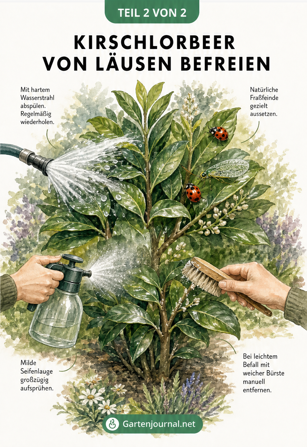 Illustration von vier schonenden Methoden zur Bekämpfung von Läusen am Kirschlorbeer: Wasserstrahl, Nützlinge, Seifenlauge und weiche Bürste