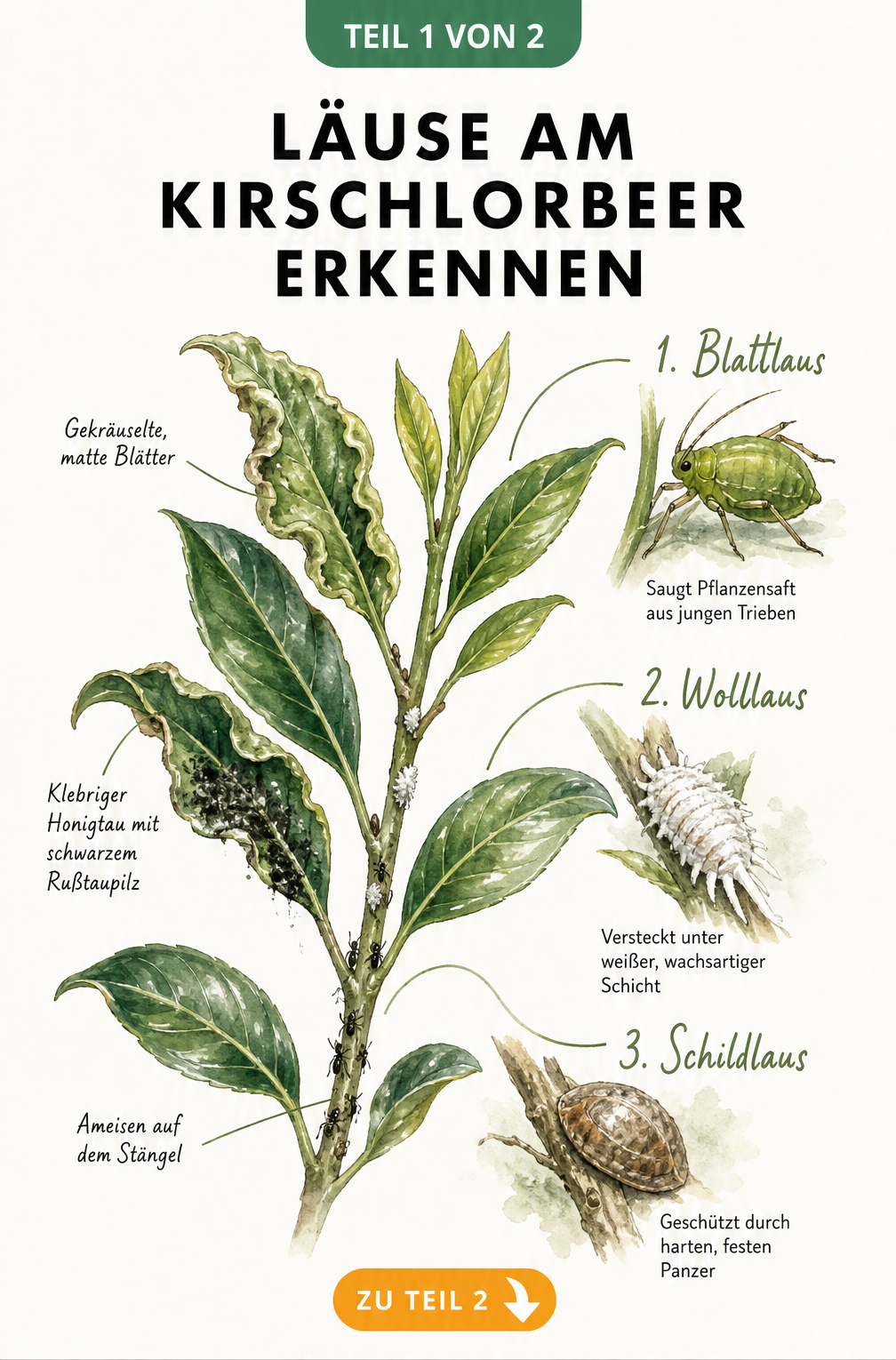 Botanische Illustration eines Kirschlorbeerzweigs mit Schadbildern durch Läuse und Detailzeichnungen von Blattlaus, Wolllaus und Schildlaus