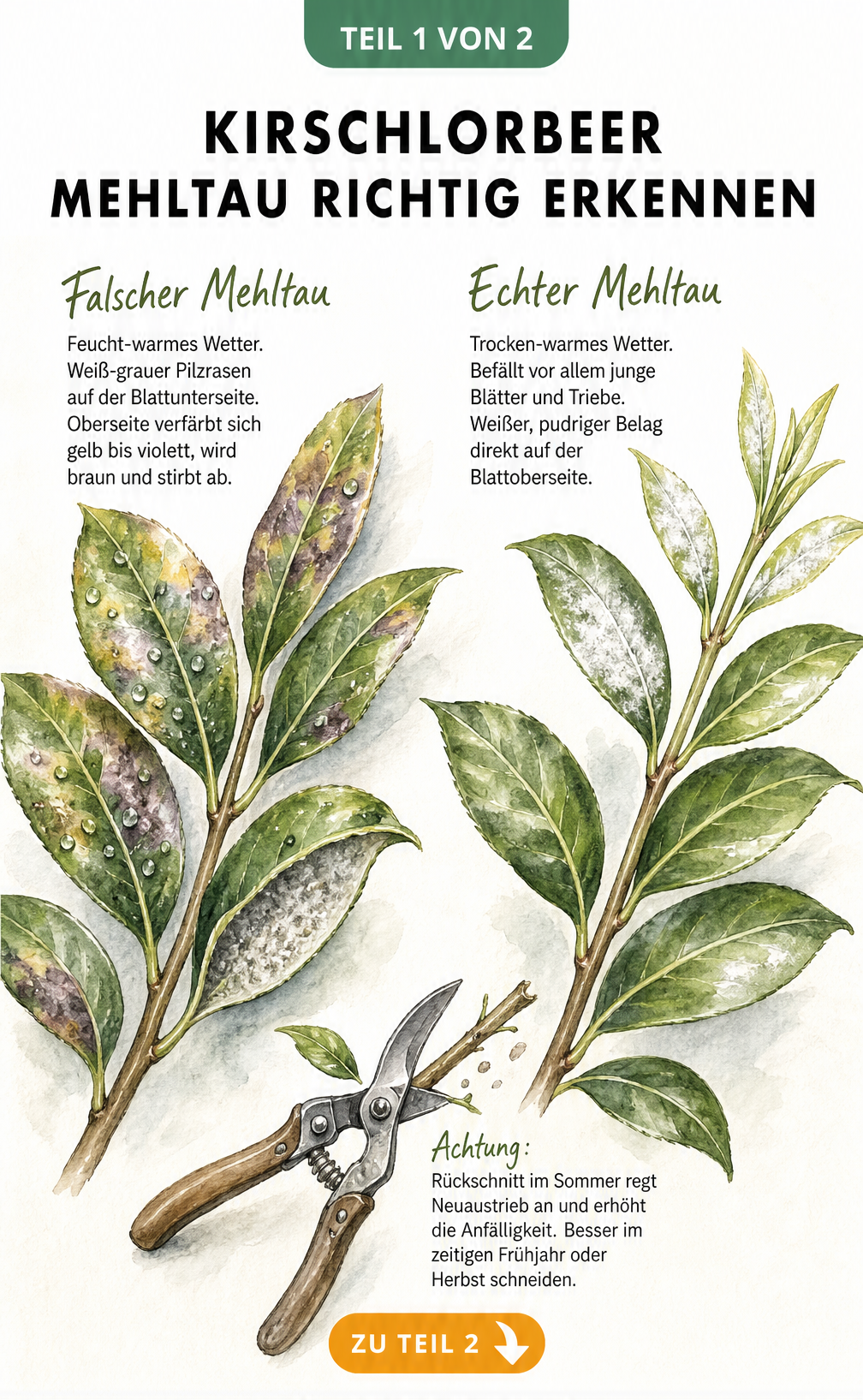 Illustration von Kirschlorbeerzweigen mit Symptomen von Echtem und Falschem Mehltau