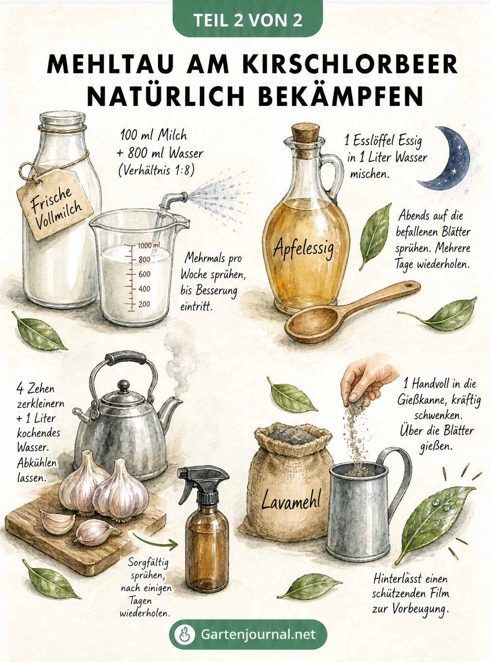 Illustration von vier natürlichen Hausmitteln gegen Mehltau: Milch, Apfelessig, Knoblauch und Lavamehl
