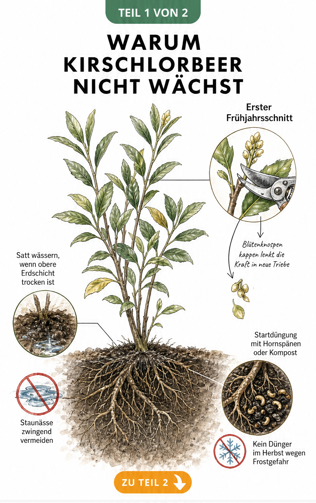 Illustration eines Kirschlorbeers im Querschnitt mit Tipps zu Schnitt, Wässern und Düngung