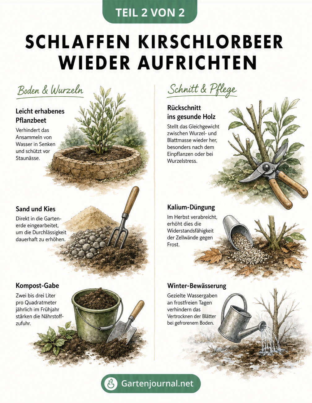 Illustration von Maßnahmen zur Rettung eines schlaffen Kirschlorbeers, darunter erhabenes Pflanzbeet, Sand und Kies, Kompost, Rückschnitt, Kalium-Düngung und...