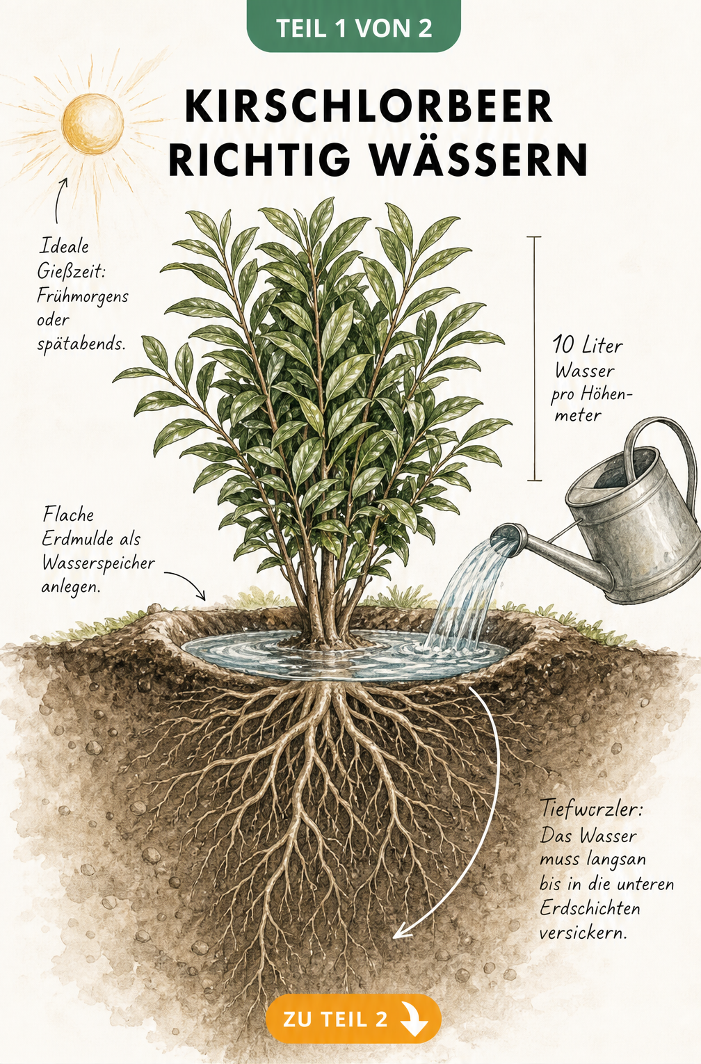 Botanische Querschnitt-Illustration eines Kirschlorbeerstrauchs, die zeigt, wie Wasser aus einer Gießkanne in eine flache Erdmulde fließt und tief zu den...