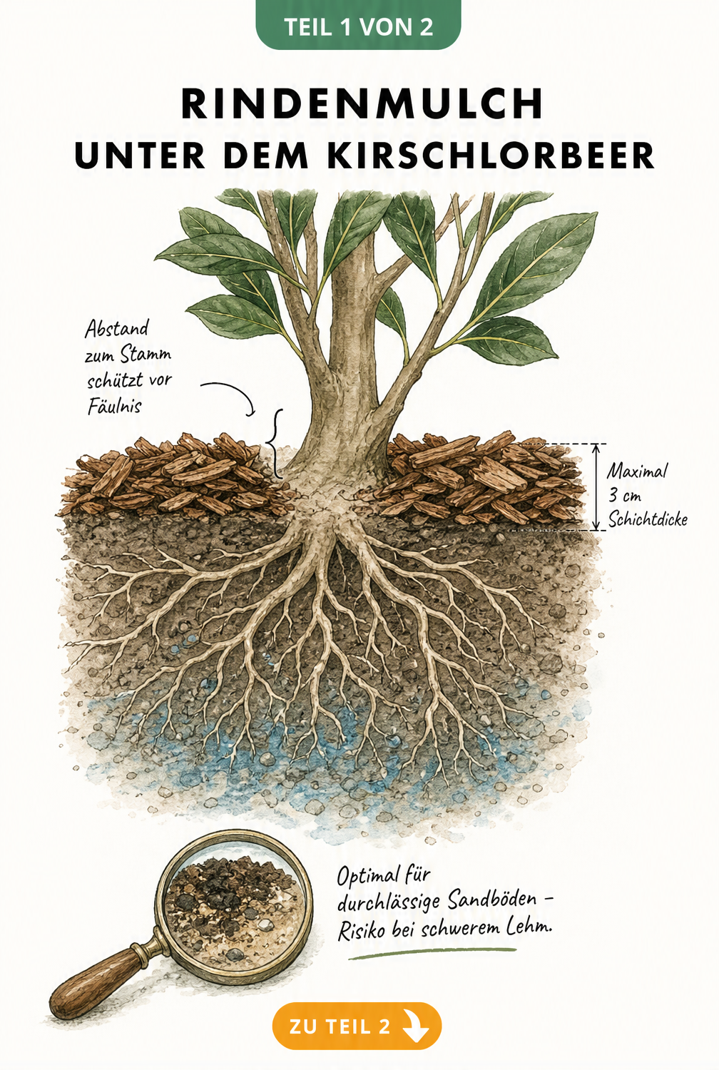 Querschnitt-Illustration eines Kirschlorbeers mit Rindenmulch, die eine maximale Schichtdicke von 3 cm und einen Abstand zum Stamm zeigt.