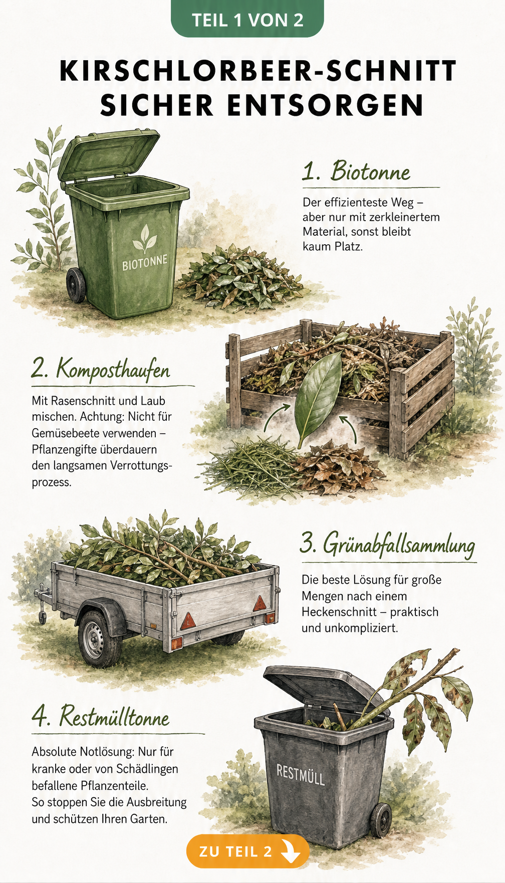 Handgezeichnete Illustration von vier Entsorgungsstationen für Kirschlorbeer-Schnitt: Biotonne, Kompost, Grünabfallsammlung und Restmülltonne