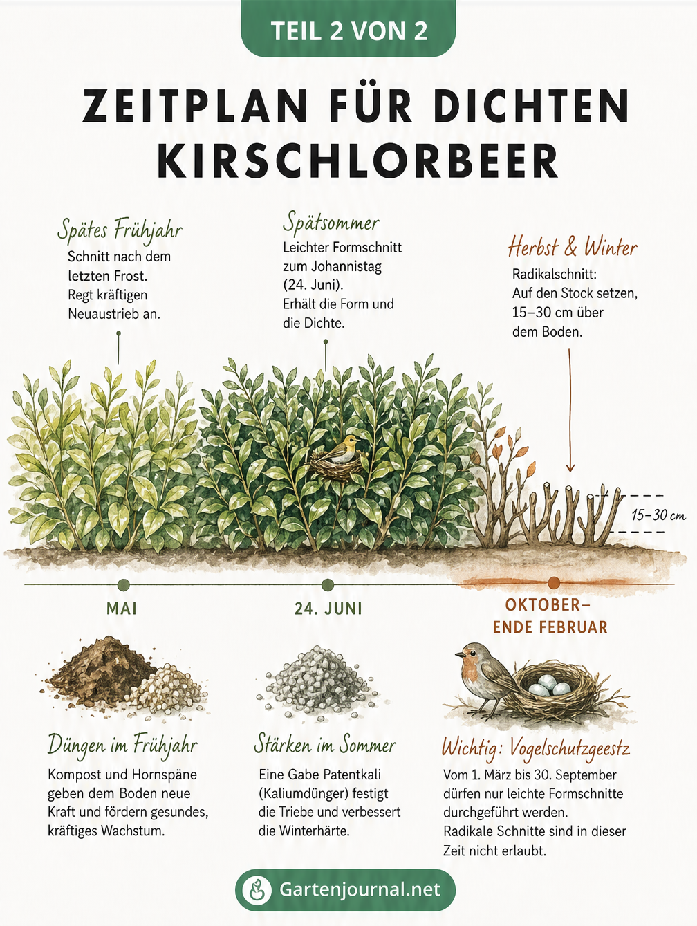 Aquarellierte Zeitleiste einer Kirschlorbeerhecke im Jahresverlauf mit Schnitt- und Düngezeitpunkten