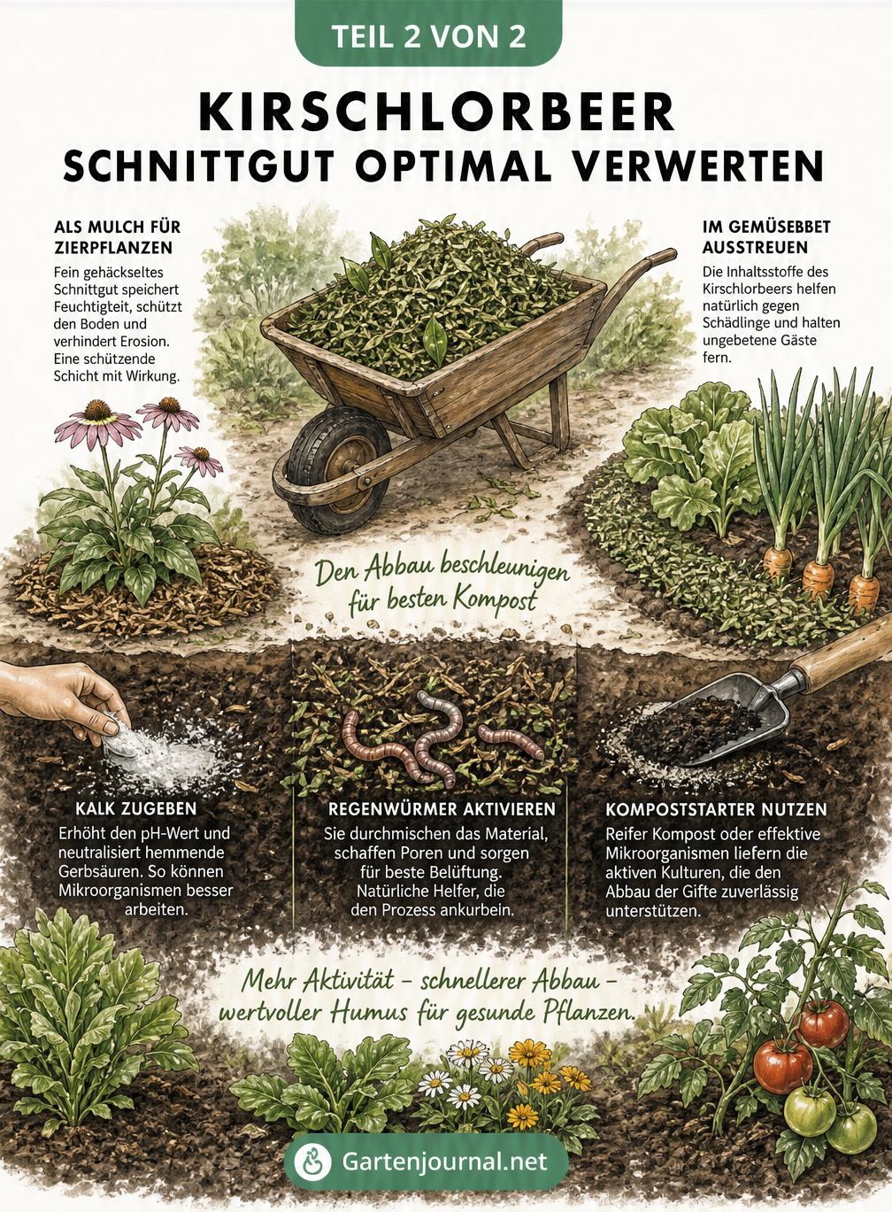 Illustration einer Schubkarre mit gehäckseltem Kirschlorbeer, Kompostierungsprozess mit Kalk, Regenwürmern und Kompoststarter sowie Mulch- und...