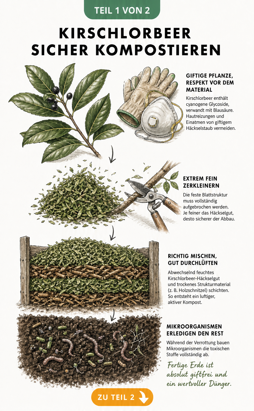 Illustration der Transformation von giftigem Kirschlorbeer zu unbedenklicher Gartenerde mit Handschuhen, Atemschutzmaske und Gartenschere
