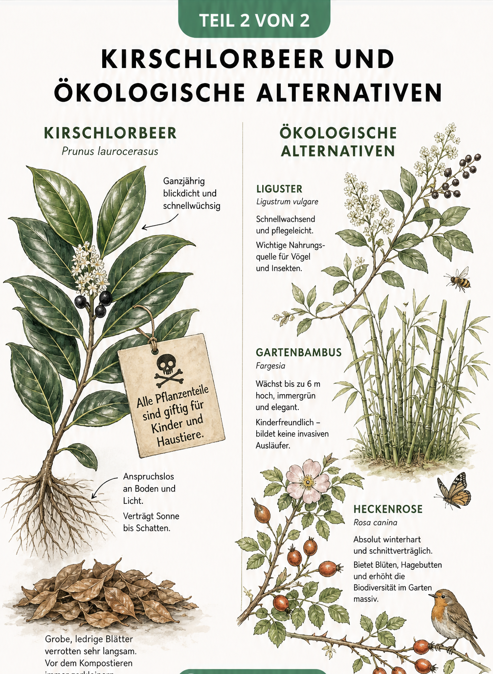 Zweigeteilte Illustration: Links ein Kirschlorbeerzweig mit Vor- und Nachteilen, rechts ökologische Alternativen wie Liguster, Bambus und Heckenrose