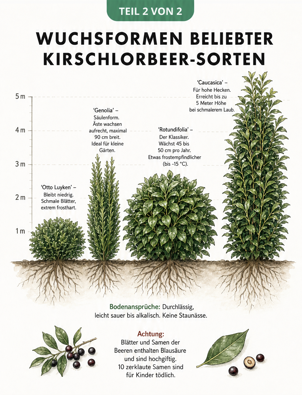 Vergleichsgrafik von vier beliebten Kirschlorbeer-Sorten: Otto Luyken, Genolia, Rotundifolia und Caucasica mit Höhenangaben und Wuchsformen.