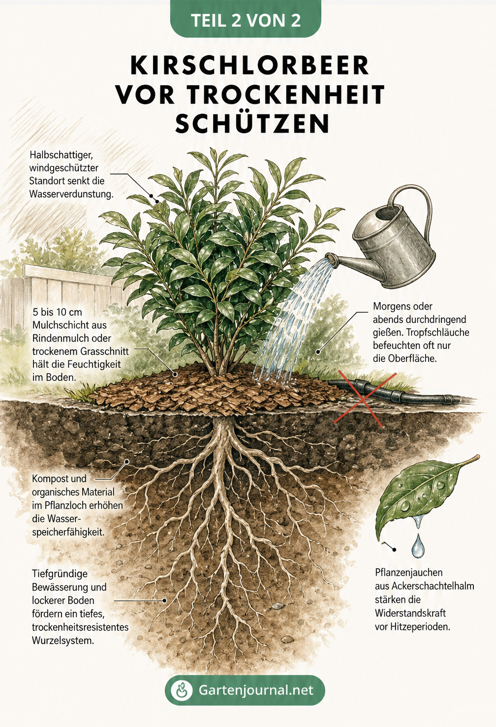 Querschnitt-Skizze eines Kirschlorbeers, die Schutzmaßnahmen vor Trockenheit wie Mulchen, richtiges Gießen und tiefgründige Bewässerung zeigt.