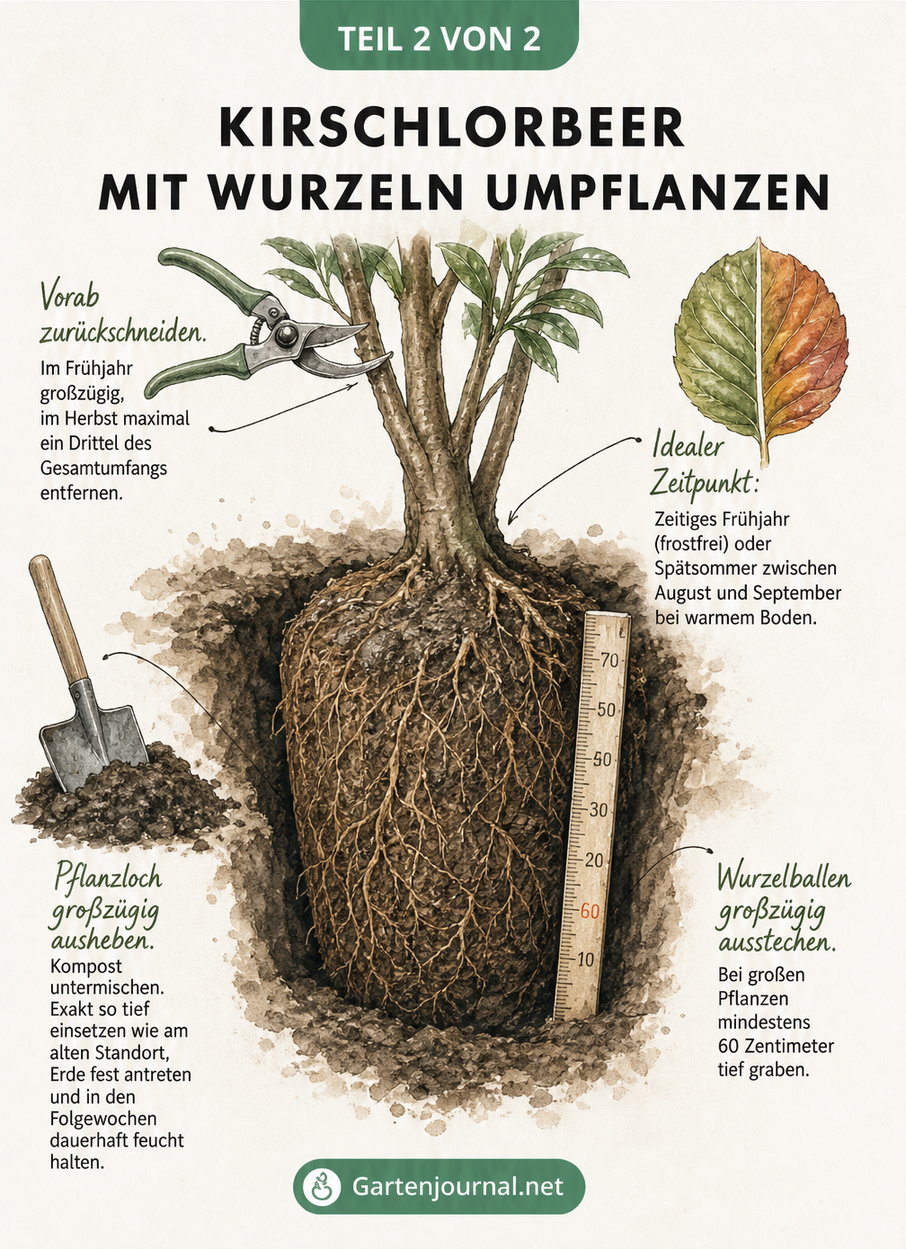 Illustration eines freigelegten Kirschlorbeer-Wurzelballens mit Anleitung zum Umpflanzen, Rückschnitt und der richtigen Pflanztiefe