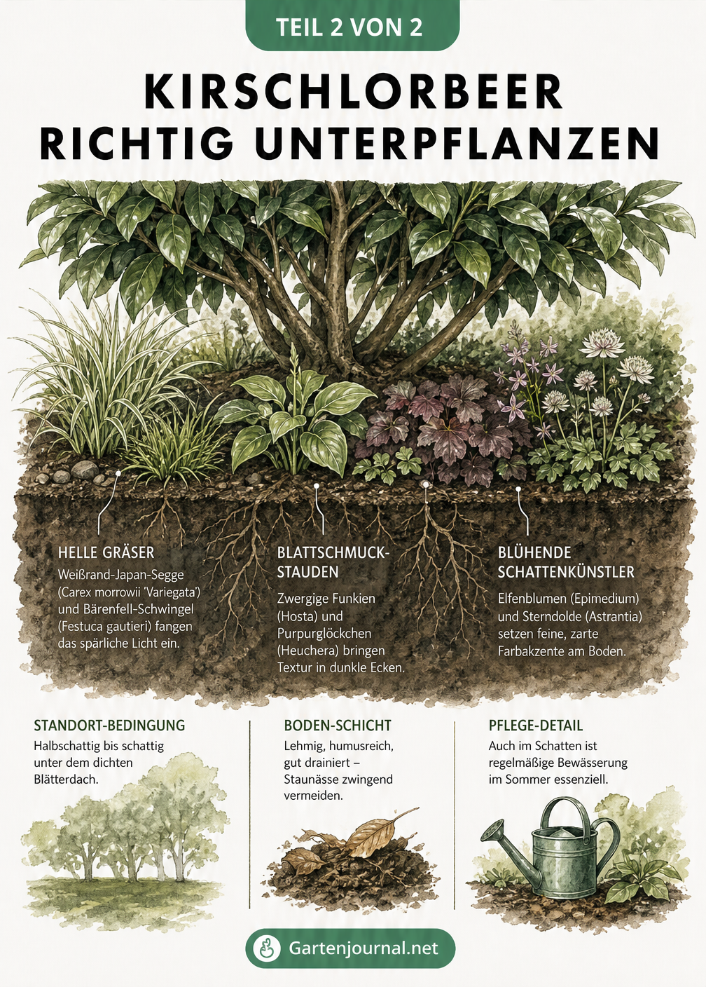 Querschnitt des Bodens unter einer Kirschlorbeerhecke mit schattenliebenden Stauden und Gräsern