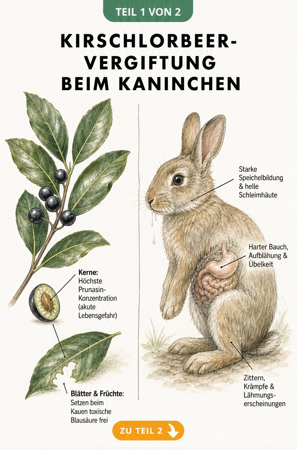 Illustration eines Kirschlorbeerzweigs und eines Kaninchens, die die giftigen Pflanzenteile und die Symptome einer Blausäurevergiftung zeigt.