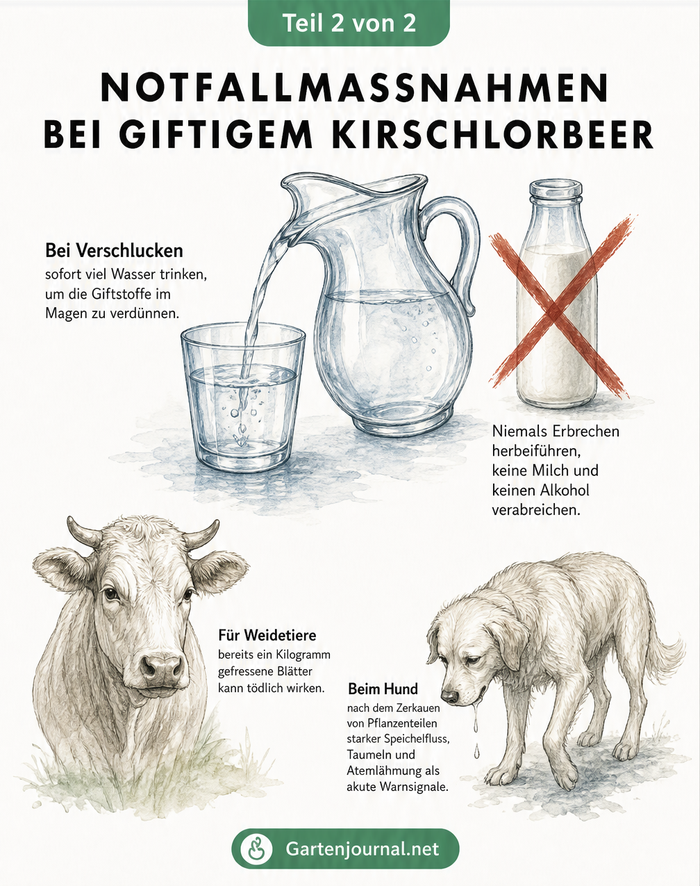 Medizinische Schautafel mit Illustrationen von Wasser, durchgestrichener Milch, einer Kuh und einem Hund, die Erste-Hilfe-Maßnahmen bei...