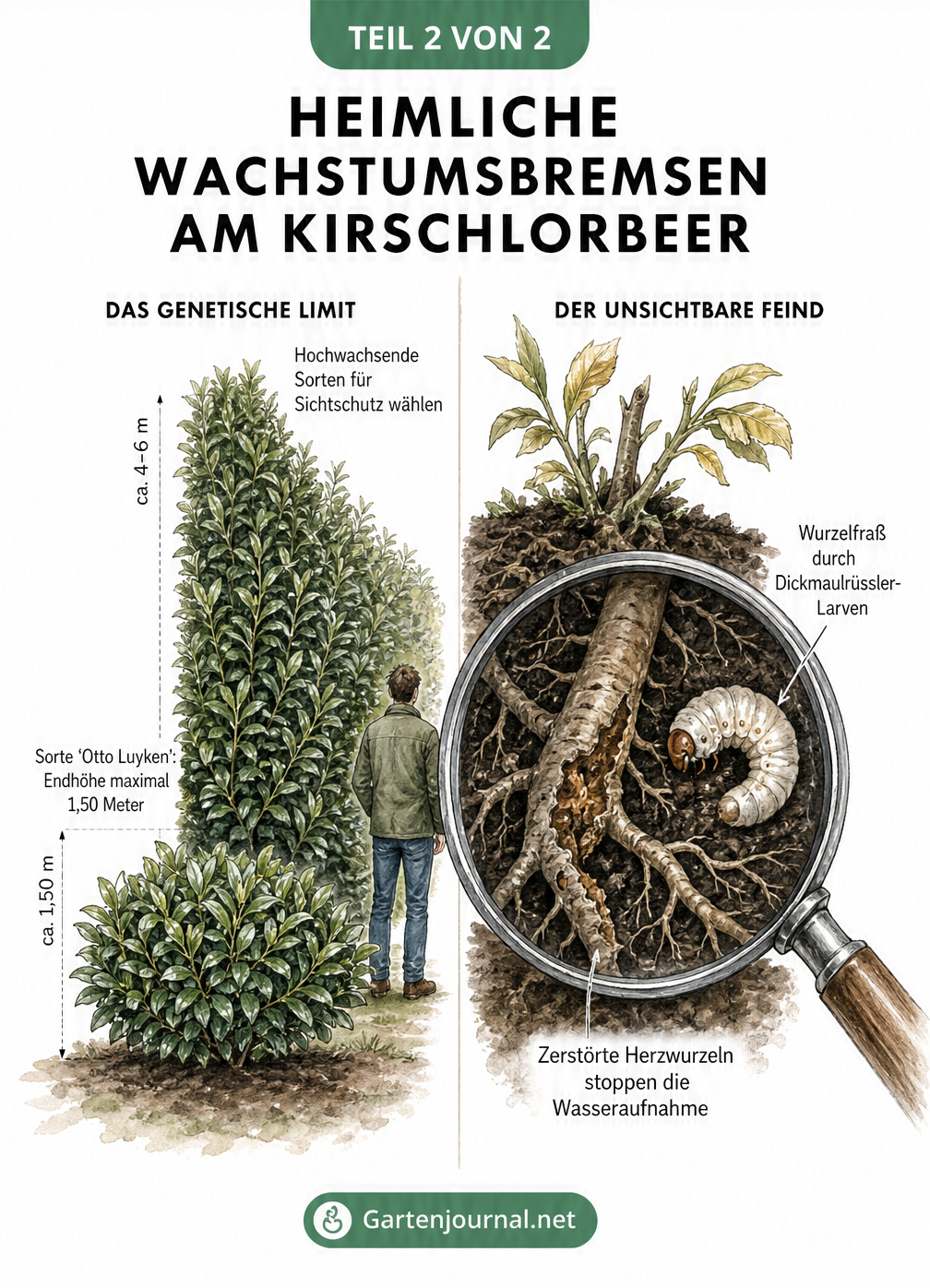 Vergleich von Kirschlorbeer-Sorten und Darstellung von Wurzelfraß durch Dickmaulrüssler-Larven