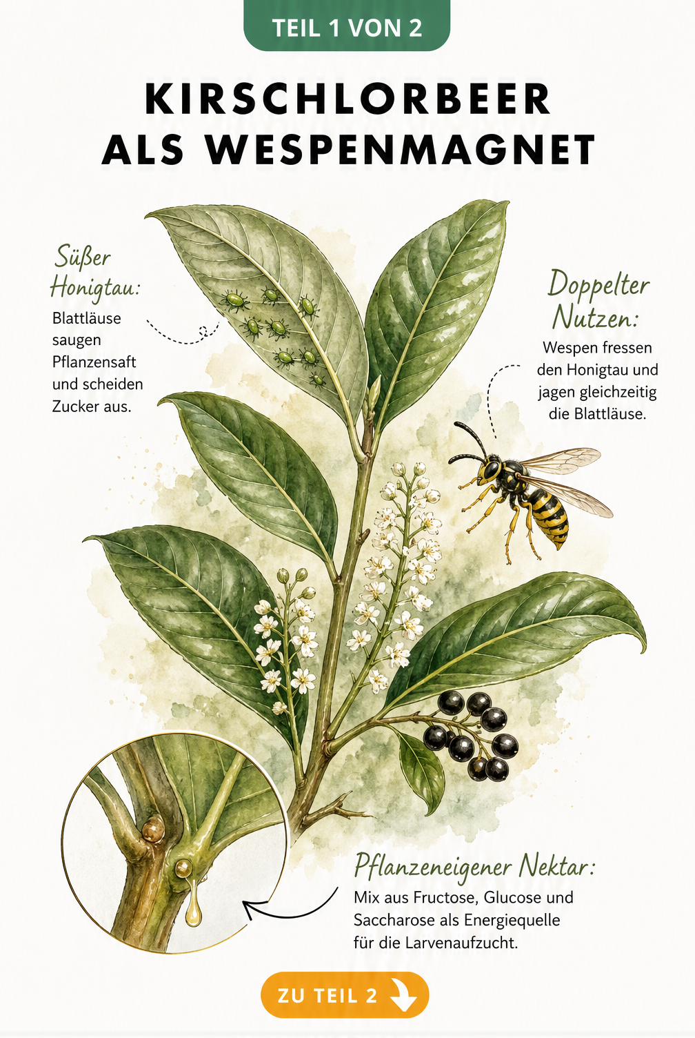 Botanische Illustration eines Kirschlorbeerzweigs mit Nektardrüsen, Blattläusen und einer anfliegenden Wespe