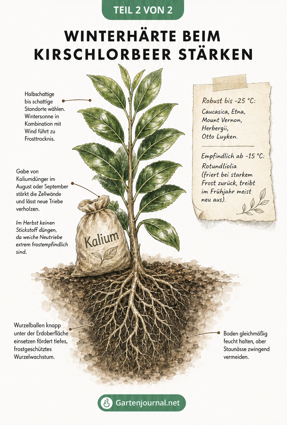 Botanische Zeichnung eines Kirschlorbeer-Triebes mit Wurzelballen und Tipps zur Stärkung der Winterhärte durch Kaliumdünger