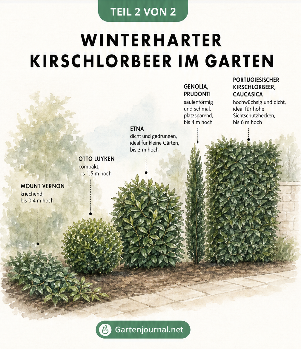 Illustration verschiedener winterharter Kirschlorbeer-Sorten im Gartenvergleich nach Wuchshöhe