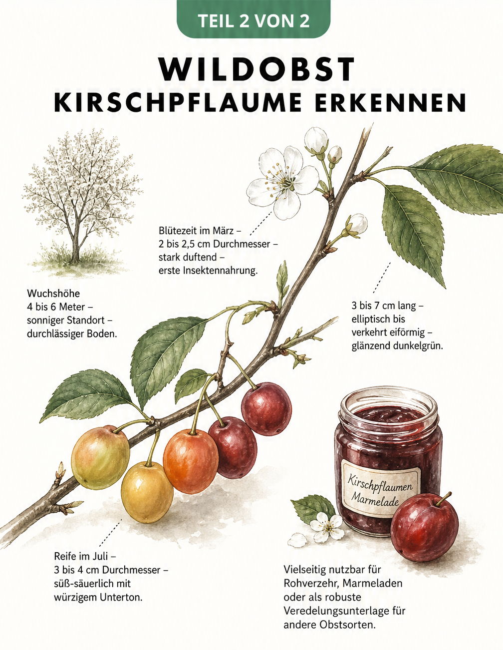 Botanische Illustration der Kirschpflaume mit Details zu Blüten, Blättern, Früchten und Standortbedingungen