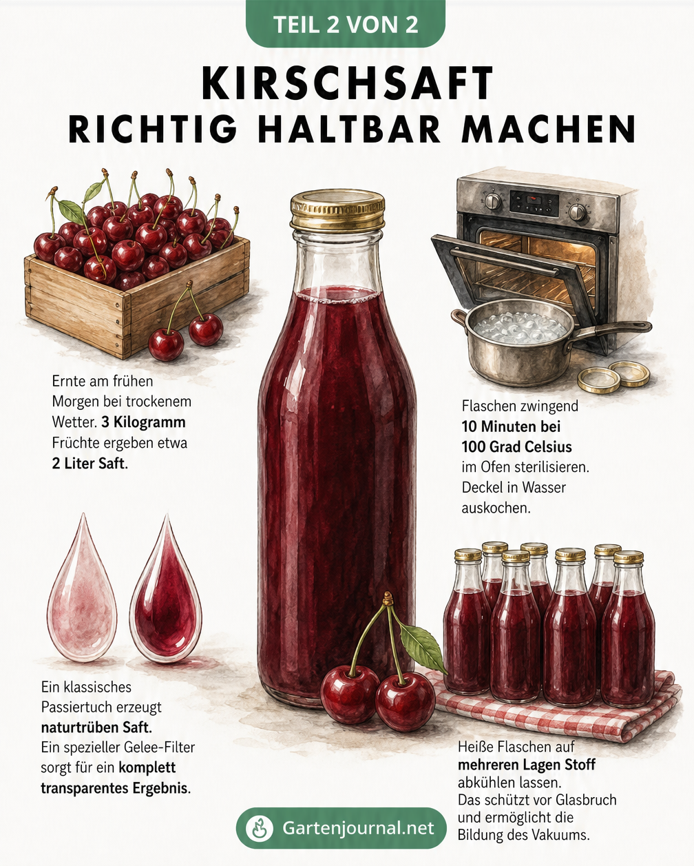 Illustration zur Haltbarmachung von Kirschsaft: Kirschenernte, Flaschen sterilisieren, Saft filtern und abkühlen