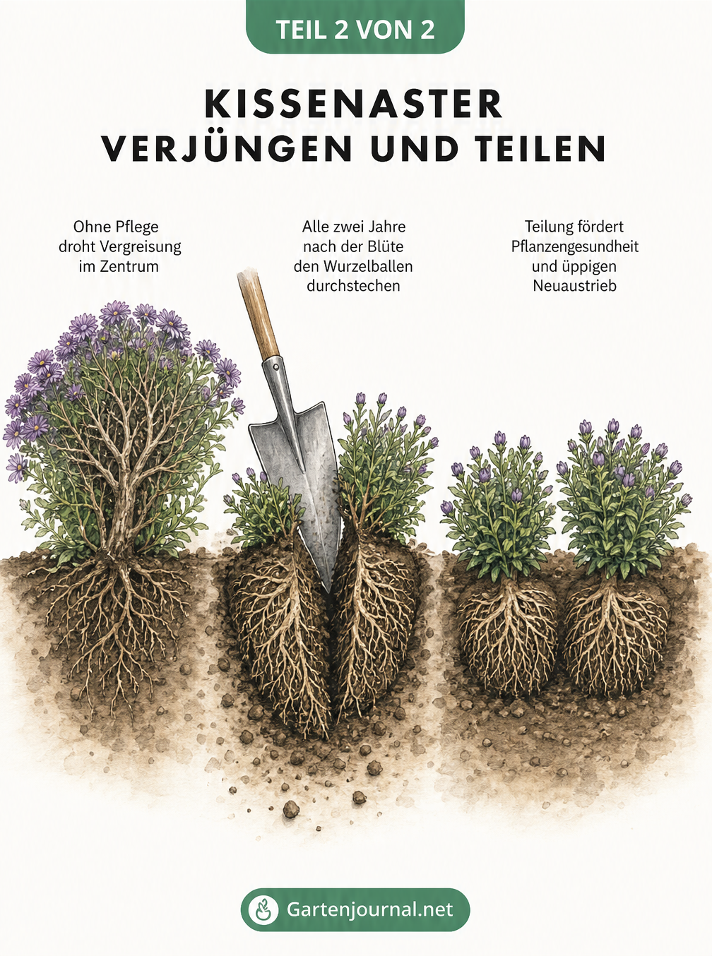Vorher-Nachher-Vergleich einer vergreisten Kissenaster und der Teilung des Wurzelballens mit einem Spaten